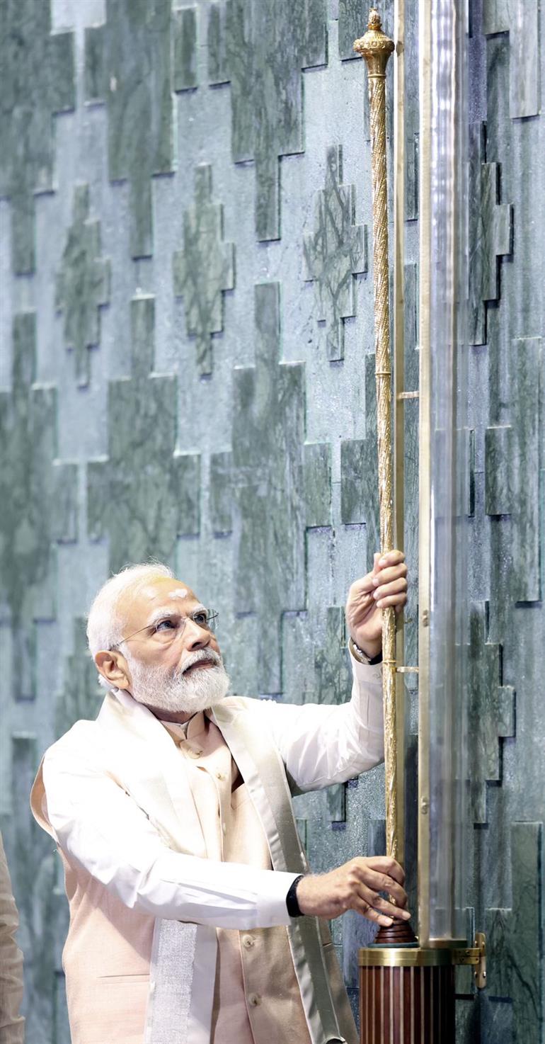 New Parliament inauguration: PM Modi installs sacred 'Sengol' in Lok Sabha chamber