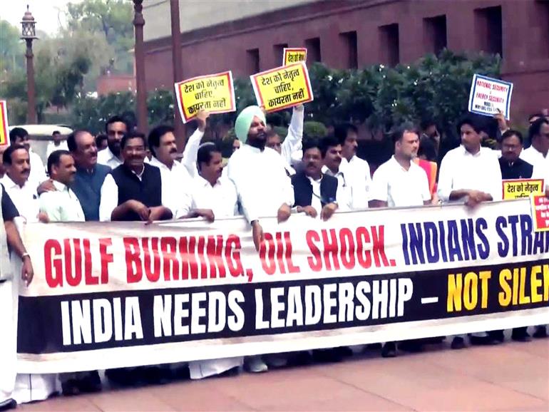 Parliament Session: INDIA bloc MPs led by Rahul Gandhi, Kharge protest against Centre over West Asia conflict